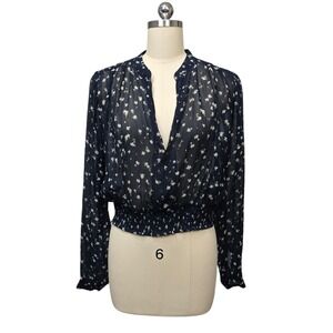Rag &‎ Bone Navy Floral Print Sheer Long Sleeve V Neck Blouse Womens size Small